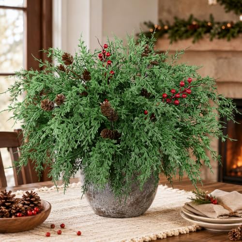 18Pcs Cedar Pine Stems with Berries & Pinecones – Norfolk Pine Christmas Picks (14 stems, 2 berries, 2 cones) by Dolicer
