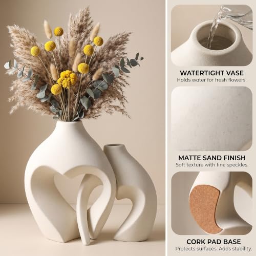 White Ceramic Heart-Shaped Vase Set of 2 - Boho Minimalist Table Centerpiece
