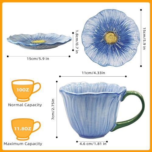 JUSONEY Blue Flower-Shaped Ceramic 10oz Latte & Tea Cup Set with Saucer