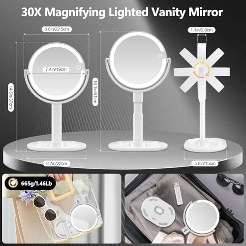 MIYADIVA White Makeup Mirror with Lights, 30X Magnification, Touch Control, Rechargeable Vanity with 3 Color Modes & 80 LEDs