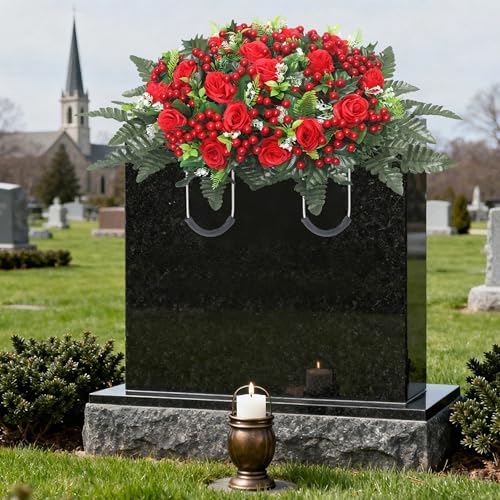 Christmas Cemetery Saddle Flowers 20in Roses & Red Berries for Headstones