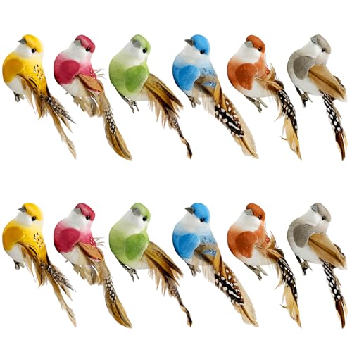 4-Inch Artificial Feather Bird Ornaments with Clips, 12-Pack