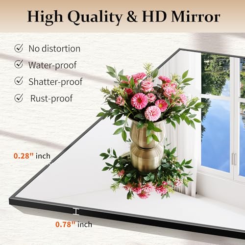 30x30 Inch Black Metal Wall Mirror, Rectangular Modern Vanity Mirror