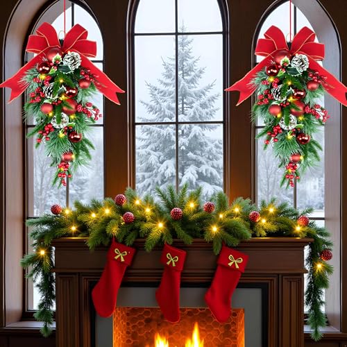 24-Inch Pre-Lit Christmas Teardrop Swag with Fairy Lights & Pine Cones