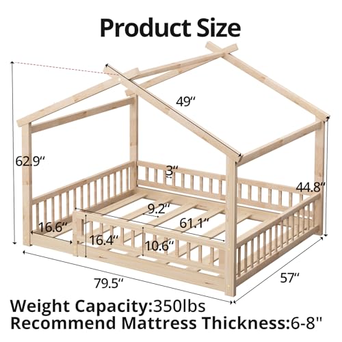 Full Size House Bed with Fence, Solid Wood Montessori Floor Bed Frame