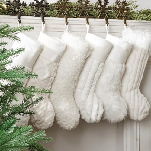 18-Inch Luxury Christmas Stockings 6-Pack - Faux Fur Textured Patterns with Name Tags