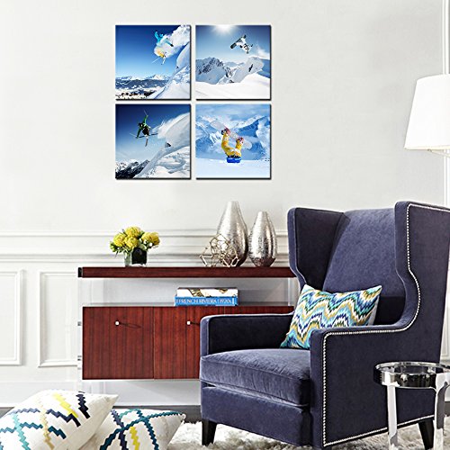 LevvArts 12x12x4pcs Snow Mountain Canvas Wall Art Set – Giclee Framed Easy Hang
