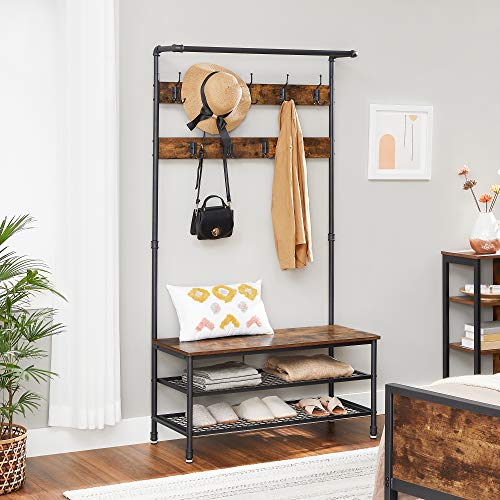 Industrial Hall Tree with Bench, 9 Hooks and 2 Shoe Storage Shelves