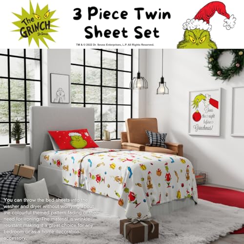 Grinch Twin Sheet Set - Franco The Grinch Officially Licensed 3-Piece Microfiber Bedding (Grinch Greetings)
