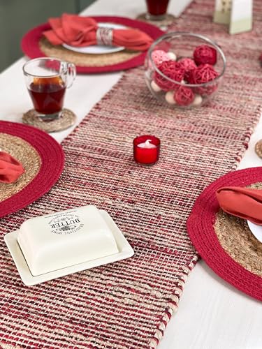 Chardin Home Natural Jute Red Table Runner 13x108 Inch - Farmhouse Decor