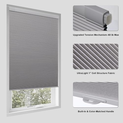 No Drill Cordless Honeycomb Shades, Thermal Insulating, Grey 22" W x 64" H