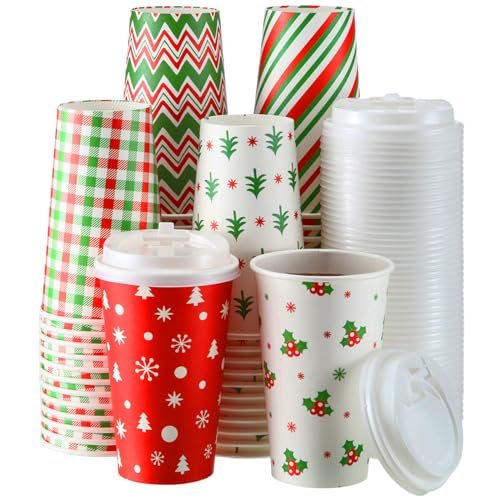 Sliner 60 Pcs Christmas Coffee Cups with Lids 16 oz, 6 Designs