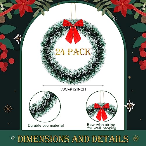 24 Pcs 12-Inch Christmas Wreaths with Red Bows - White Decorative Winter Decor (Variation: White)