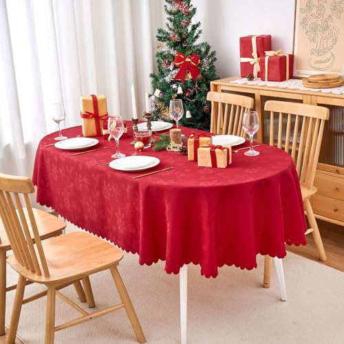 EFFICINATURE Red Jacquard Oval Tablecloth 60x84 Inches Waterproof & Washable