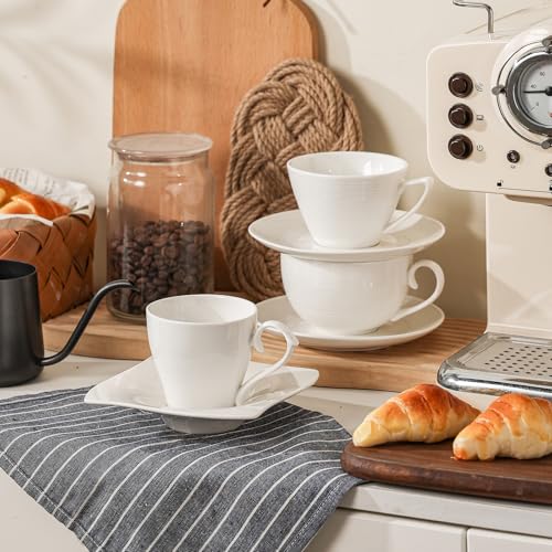 Feenmai 12oz Ceramic Cappuccino Cups & Saucers Set of 4 - White Latte Mug for Coffee & Tea, Microwave & Dishwasher Safe