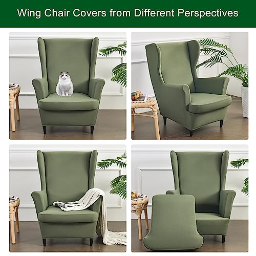 Wingback Chair Covers - 2-Piece Green Slipcovers for Armchairs