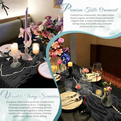 Black Boho Cheesecloth Table Runner 12 Pack 17x108 Inches - Elegant Sheer Gauze for Weddings & Events