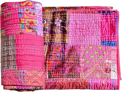 Handmade Silk Kantha Quilt - Vintage Patchwork Throw, 60" x 40"