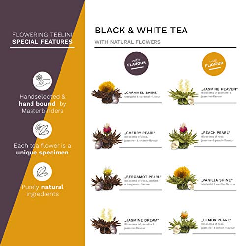 Creano Blooming Tea Tealini Cup Size Gift Set – 12 Tea Flowers in Wooden Box (8 Varieties) Black & White Tea