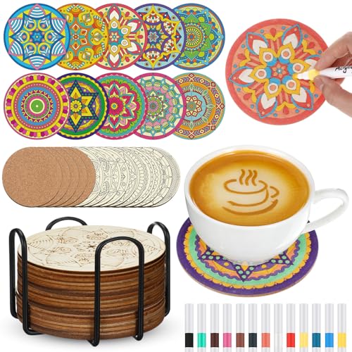 Reallnaive Mandala Wooden Coaster Painting Kit - 45 Pcs DIY Art Set with Markers & Cork Mats