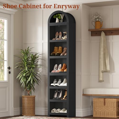 UPOSOJA Black Narrow 76-Inch Arched Bookcase with Adjustable Shelves - Modern Storage