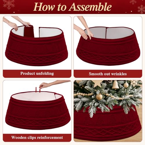 Red Knitted Christmas Tree Collar 28in Xmas Tree Skirt Base Cover - ASTNIC