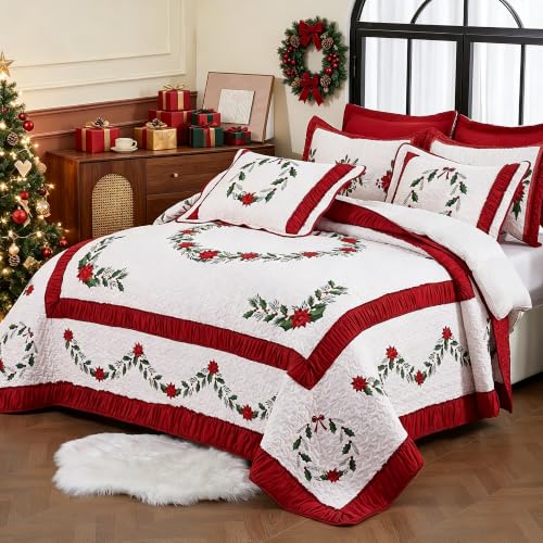 EVENHUG Christmas Quilt Set King Size 3 Pieces with Pillow Shams – Red B Floral Lightweight Bedspread
