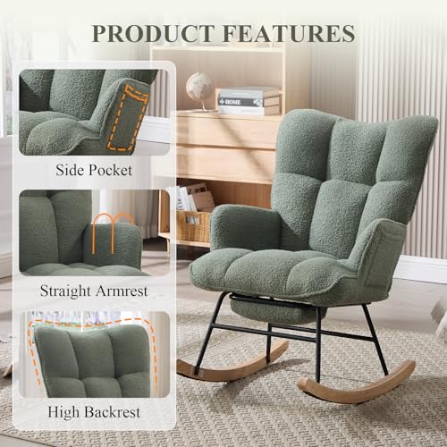 Teddy Fabric Nursery Rocking Chair with Footrest and Side Pocket - Green