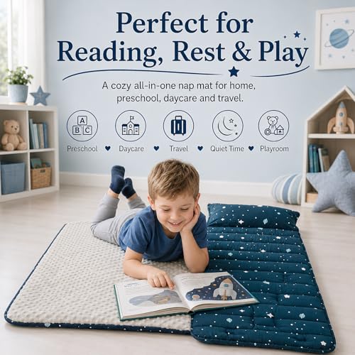 Toddler Nap Mat with Pillow and Fleece Blanket - Portable Slumber Bag