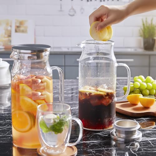 2 Liter (68 oz) Borosilicate Glass Pitcher with Stainless Steel Lid & Handle