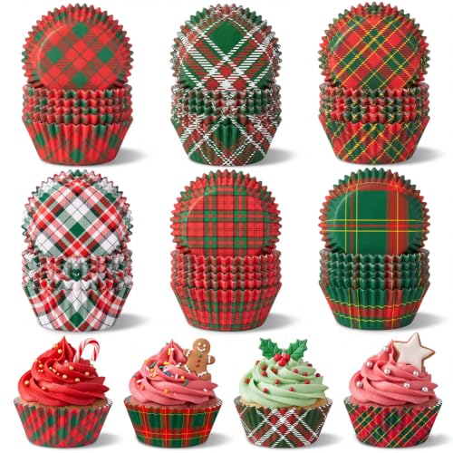 FillTouch 240 Pcs Red & Green Plaid Cupcake Liners - Standard Size Baking Cups
