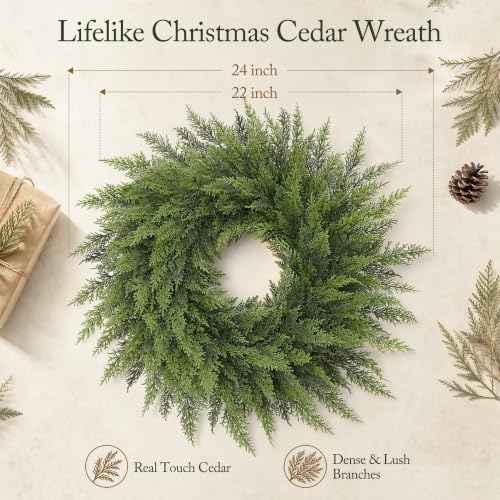 Worthyeah 24" Silver Cedar Christmas Wreath for Front Door - Lush Real-Touch Decor