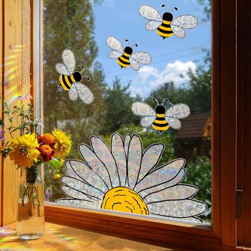 5-Piece Bee & Sunflower Double-Sided Window Clings - Reusable Glass Decals