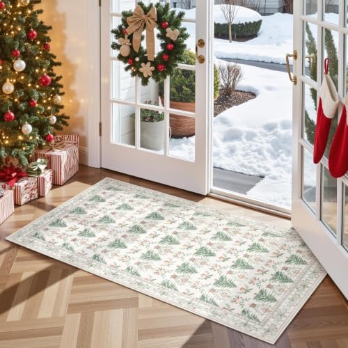 Lahome 2x4 Beige Christmas Entryway Rug - Washable Non-Slip Hallway Runner