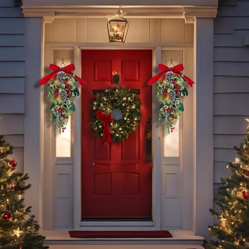 24-Inch Christmas Teardrop Swag with Red and White Ornaments and Berries