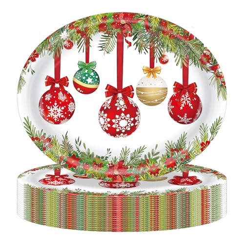 Christmas Party Plates 25 Pack 10x12 Inch Heavy Duty Disposable Oval Dinnerware