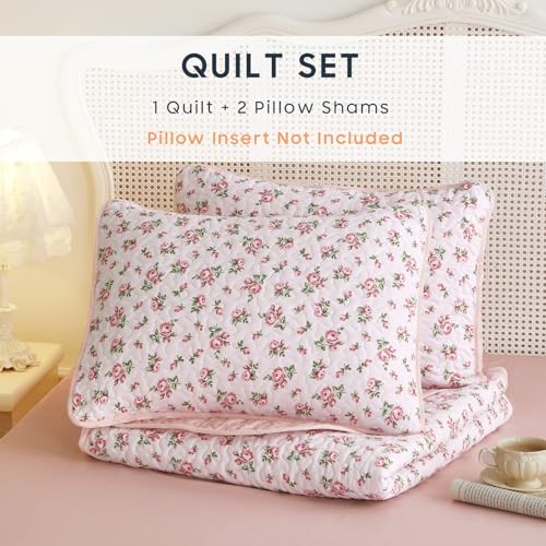 Wake In Cloud Pink Floral Quilt Set - Queen/Full Reversible Bedspread 3-Piece