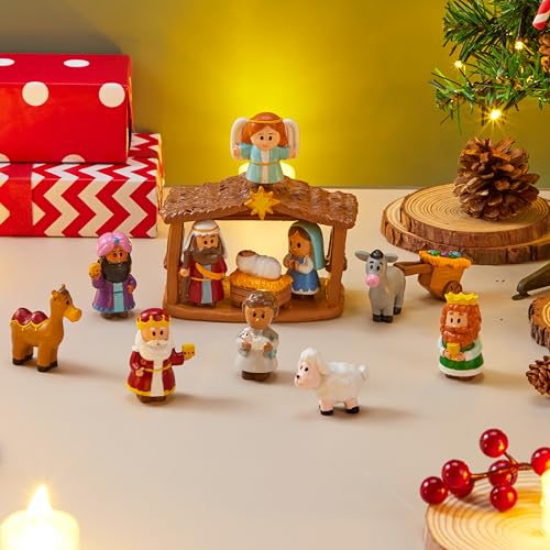 Mini Nativity Playset for Kids - 13 Piece Christmas Scene Decorations