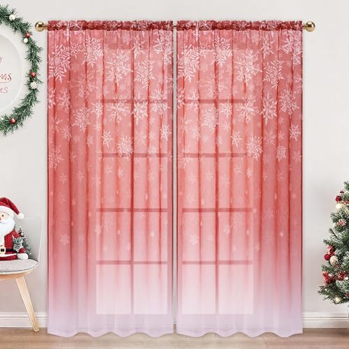 Yinhua Red Snowflake Christmas Sheer Curtains Set 52x84 Inches, 2 Panels