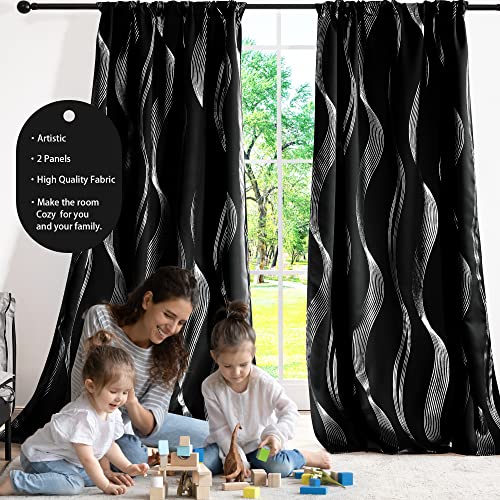 Deconovo Blackout Back Tab Curtains with Geometric Pattern, Room Darkening, Heat Blocking, Energy Saving Drapes for Bedroom, Living Room, 2 Panels, Black, 42W x 84L Inch, Wave Stripe
