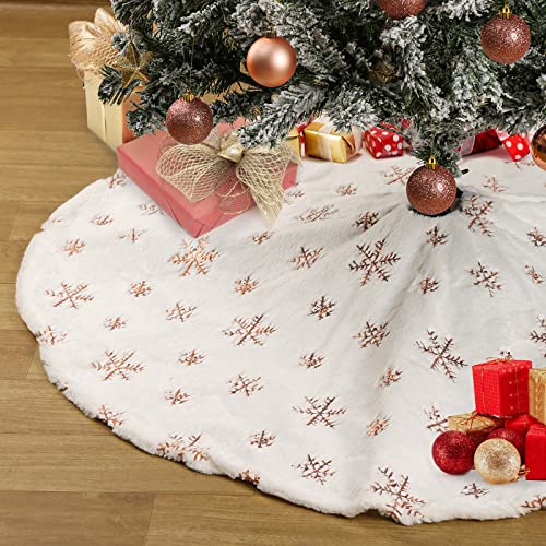 55 Inch Rose Gold Snowflake Faux Fur Christmas Tree Skirt with Fasteners