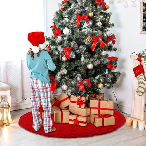 36-Inch Red Cable Knit Christmas Tree Skirt - Thick Rustic Farmhouse Decor