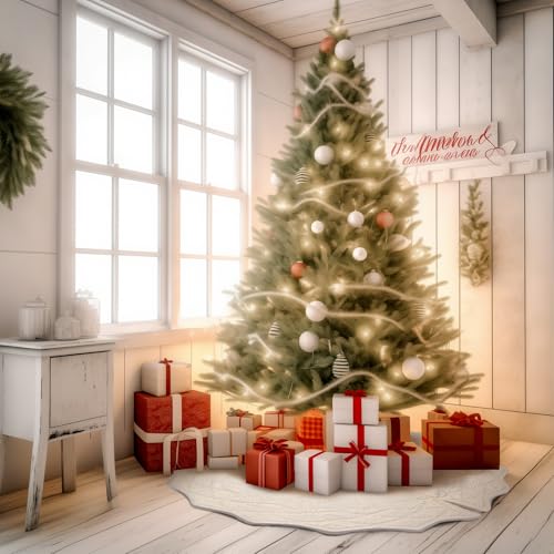 48-Inch Cable Knit Christmas Tree Skirt, Thick Rustic Holiday Decor, White