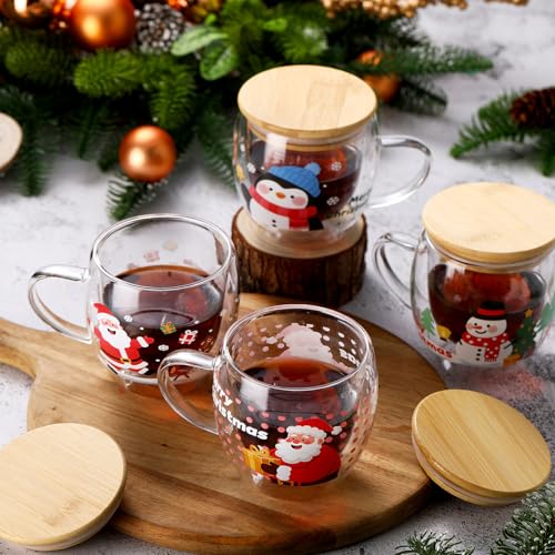 Christmas Double Walled Glass Mug Set with Lids - 8.5 oz Holiday Drinkware