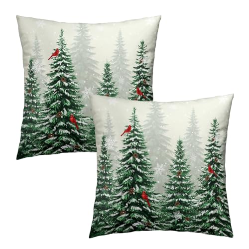 Harooni Winter Cardinal Bird Pine Tree Pillow Covers 20x20 Inch Set of 2 - Christmas Snow Forest Home Decor
