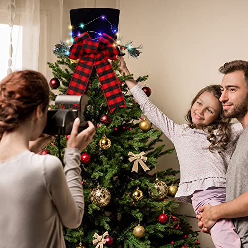 Jetec Christmas Tree Topper Hat Buffalo Plaid Bow with Lights (Black Hat, Red & Black Plaid) for Xmas Tree