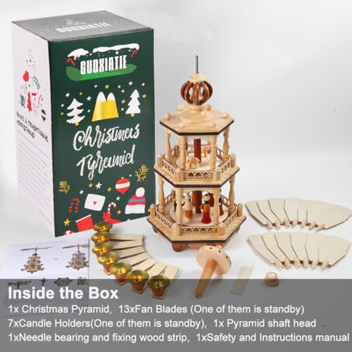 17" Wooden Christmas Pyramid - 3-Tier Nativity Carousel with 6 Candle Holders