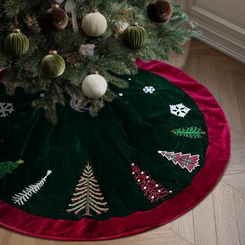 Soulchen 48 Inch Green Velvet Christmas Tree Skirt with Burgundy Trim