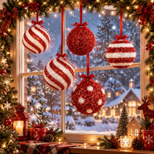 Chunful 6 Pc Jumbo 6 Inch Candy Christmas Ball Ornaments - Red & White, Glitter Tinsel