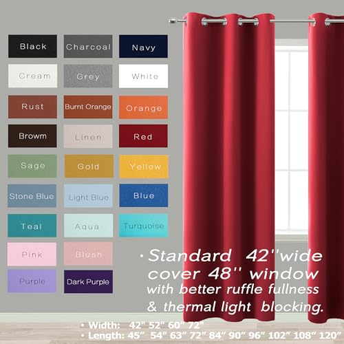 42W x 72L Red Blackout Curtains - Pack of 2, Room Darkening for Living Room & Bedroom